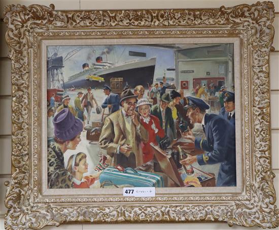 Circle of Terence Cuneo, oil on board, Customs Officer at a cruise ship terminal, 36 x 47cm